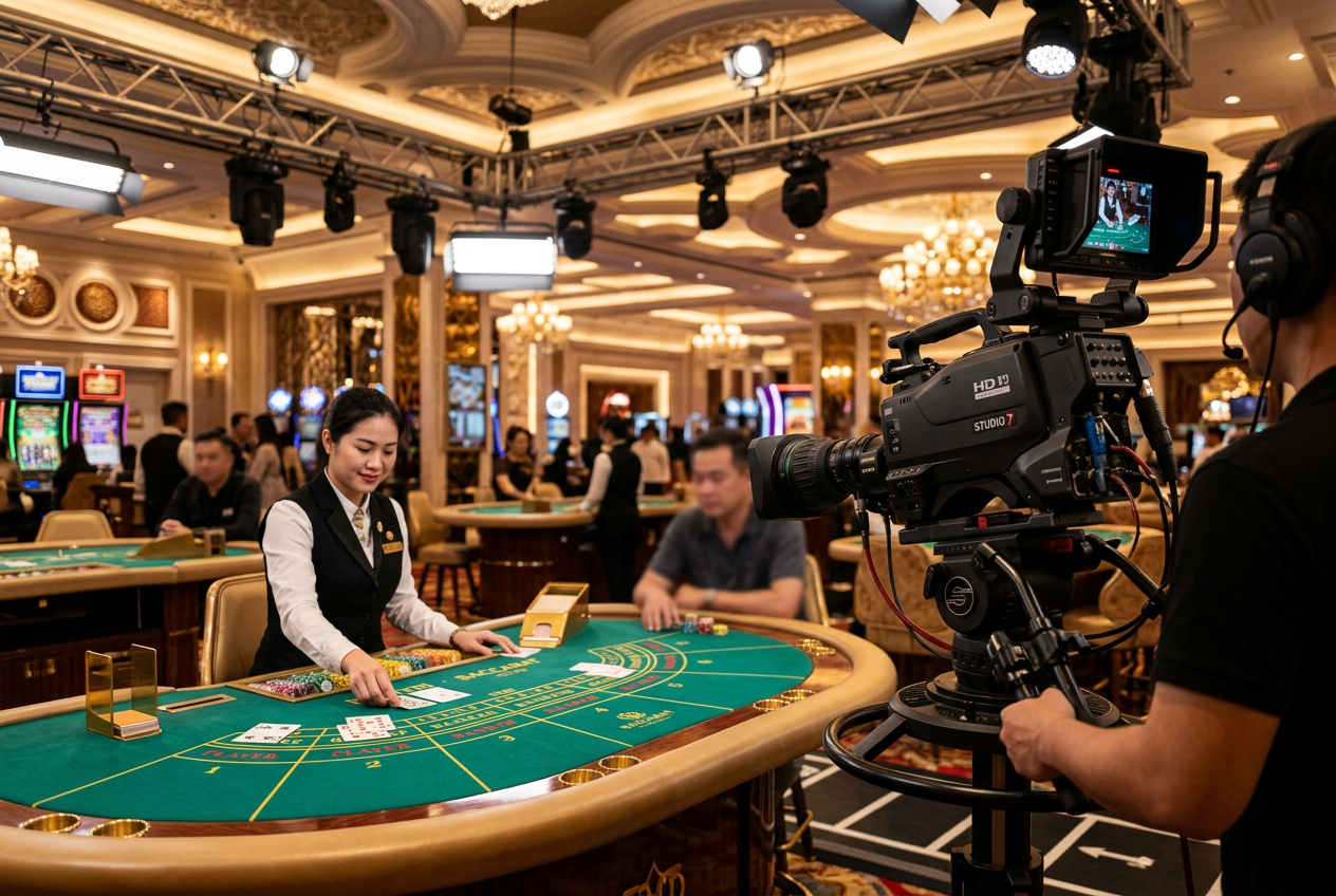 High-definition streaming equipment at a live casino studio.